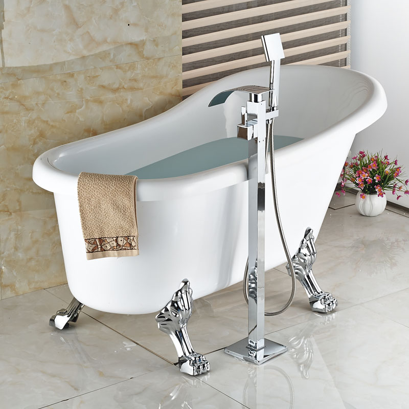 standing bathtub floor mounted faucet tap set & hand shower bath waterfall spout chrome finish