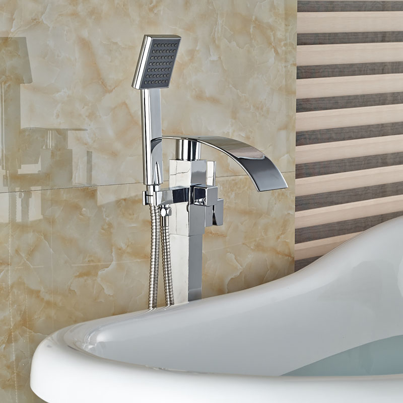 standing bathtub floor mounted faucet tap set & hand shower bath waterfall spout chrome finish