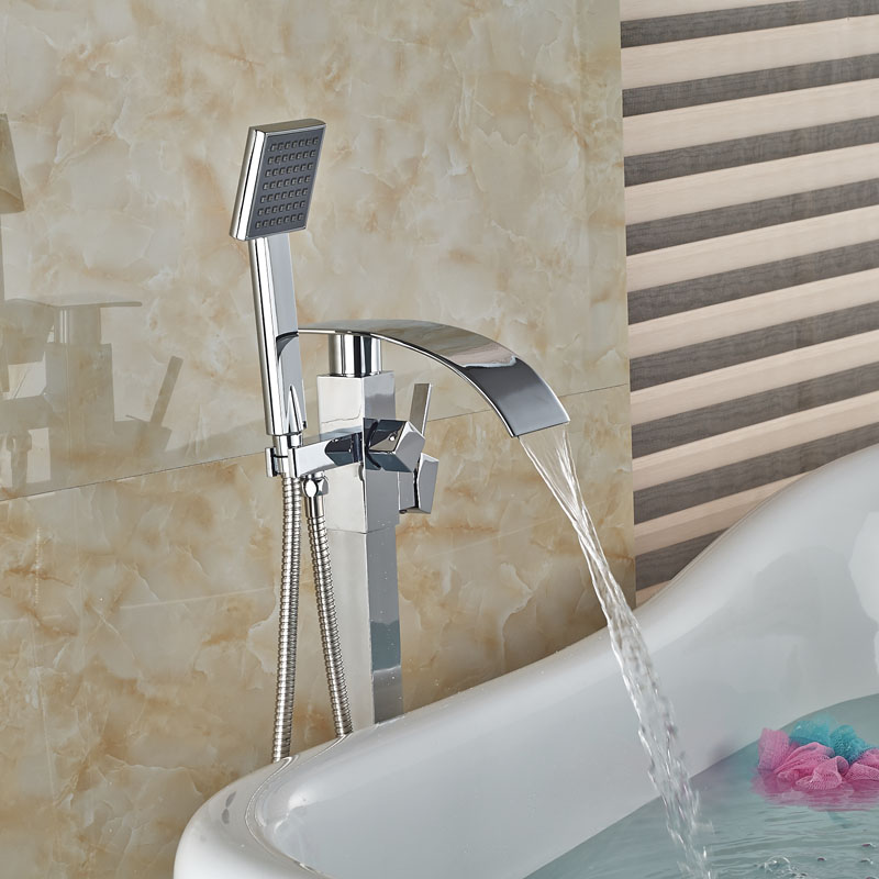 standing bathtub floor mounted faucet tap set & hand shower bath waterfall spout chrome finish