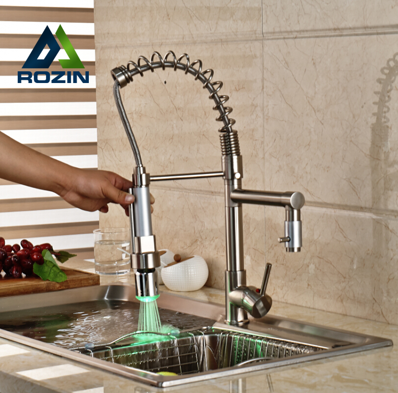 swivel spout kitchen faucet led light pull down sprayer mixer tap brushed nickel with cold water