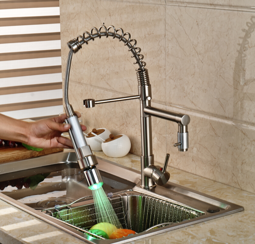 swivel spout kitchen faucet led light pull down sprayer mixer tap brushed nickel with cold water