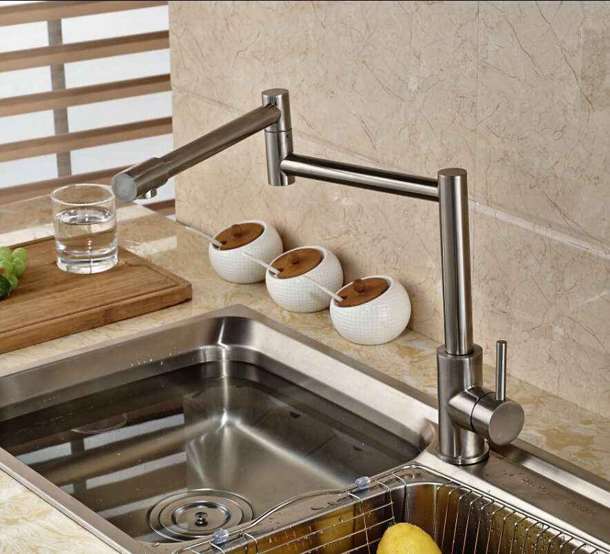 unique design deck mount stretch /folding kitchen sink faucet single handle nickel brush finished