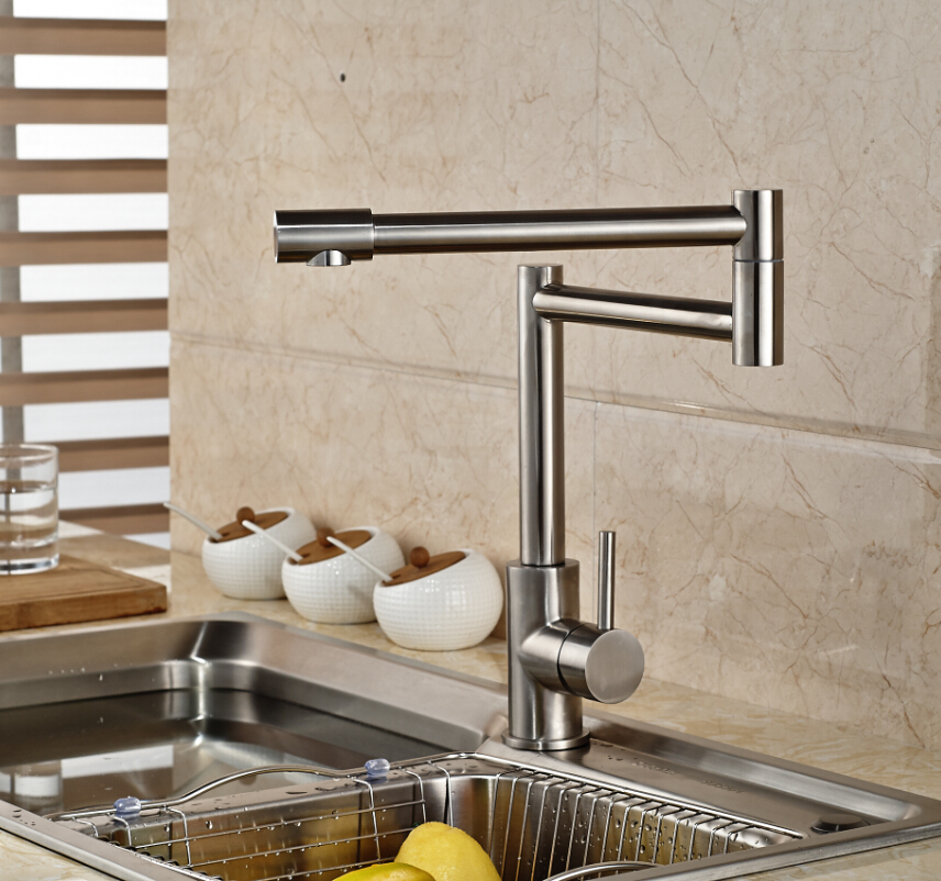 unique design deck mount stretch /folding kitchen sink faucet single handle nickel brush finished