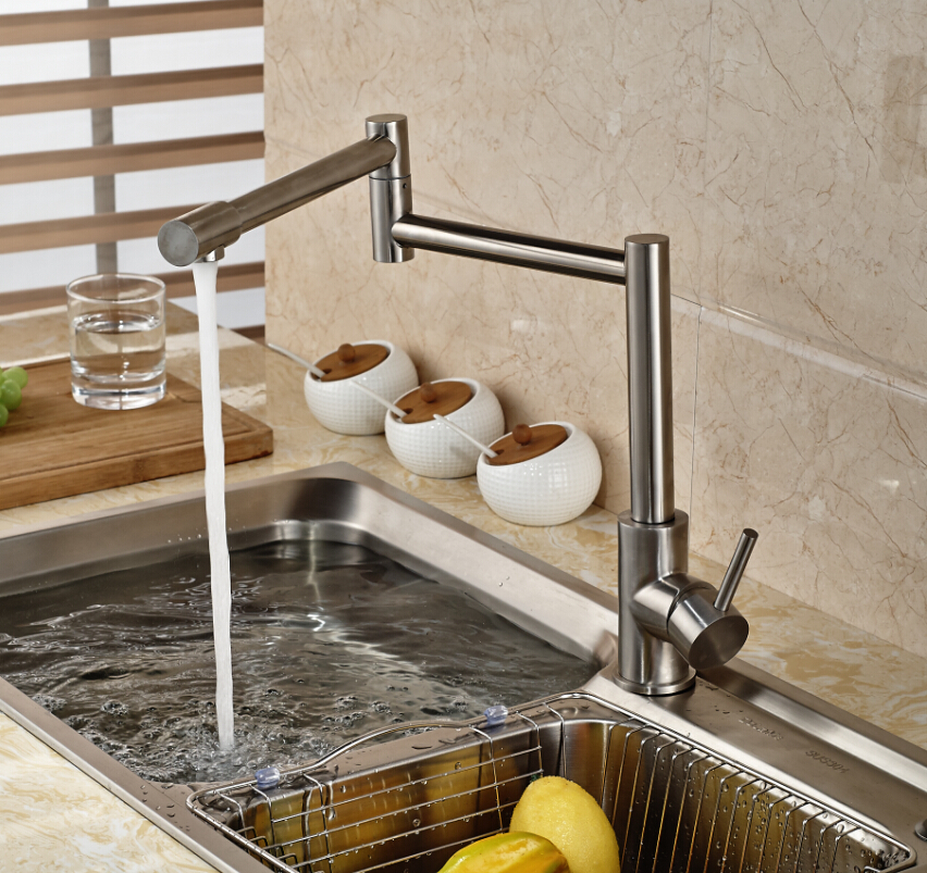 unique design deck mount stretch /folding kitchen sink faucet single handle nickel brush finished