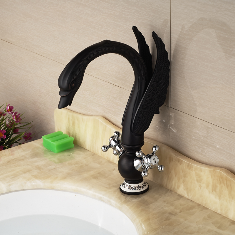 unique desing dual handle swan brass basin faucet deck mount one hole mixer taps oil rubbed bronze