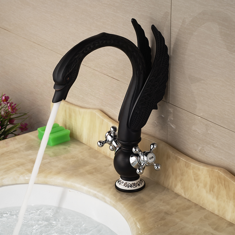 unique desing dual handle swan brass basin faucet deck mount one hole mixer taps oil rubbed bronze