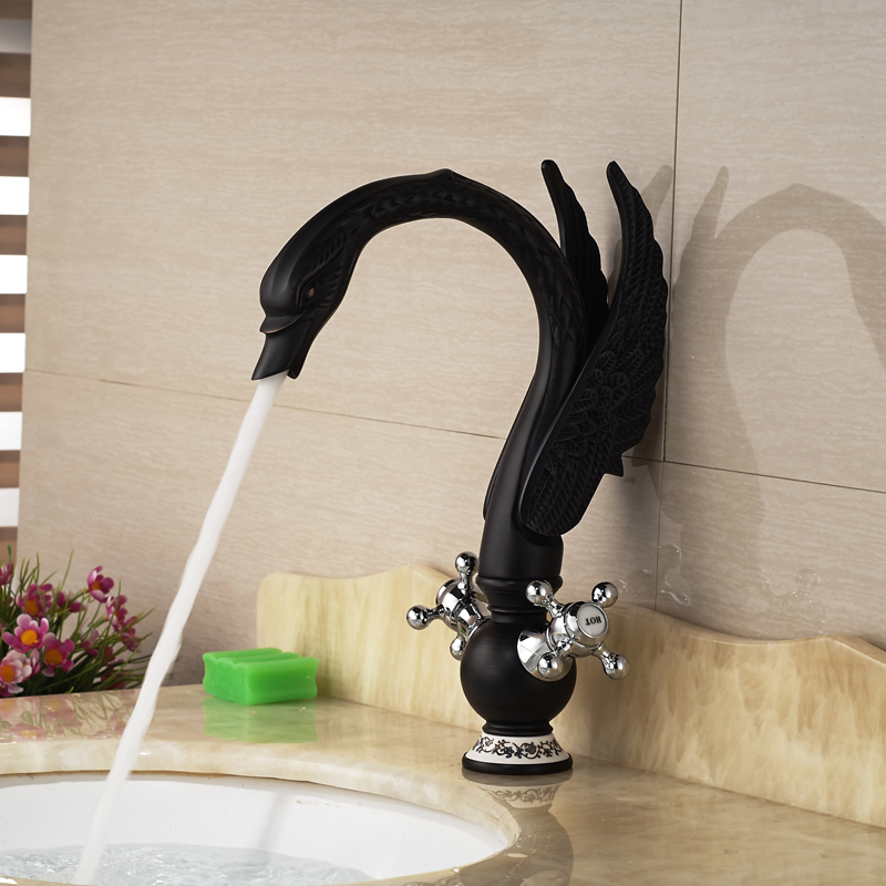 unique desing dual handle swan brass basin faucet deck mount one hole mixer taps oil rubbed bronze