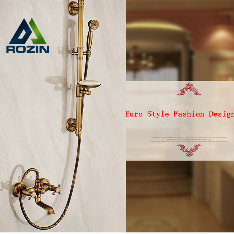 wall mount adjust height sliding bar shower faucet set wall mount rotate tub spout with soap dish antique brass finish