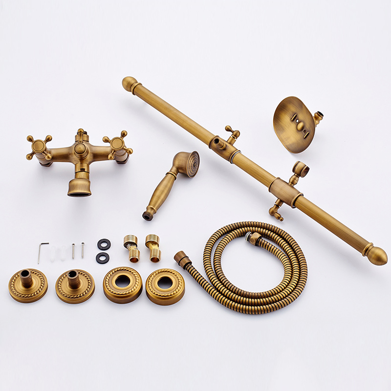 wall mount adjust height sliding bar shower faucet set wall mount rotate tub spout with soap dish antique brass finish