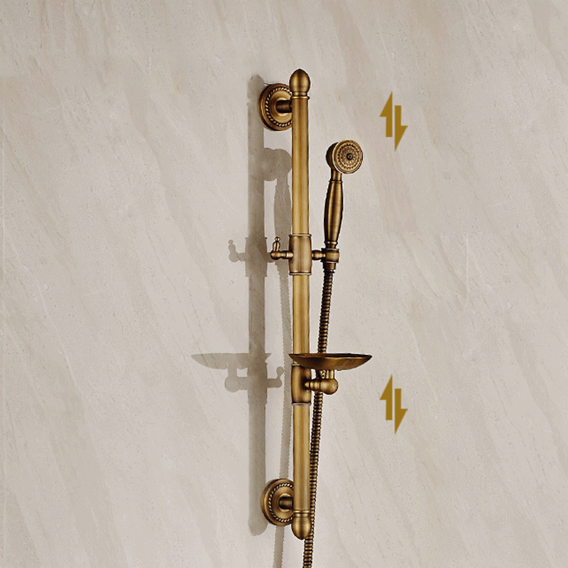 wall mount adjust height sliding bar shower faucet set wall mount rotate tub spout with soap dish antique brass finish