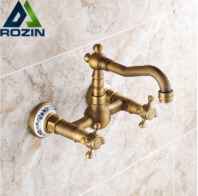 wall mount dual handles and cold water kitchen sink faucet brass antique kitchen mixer tap