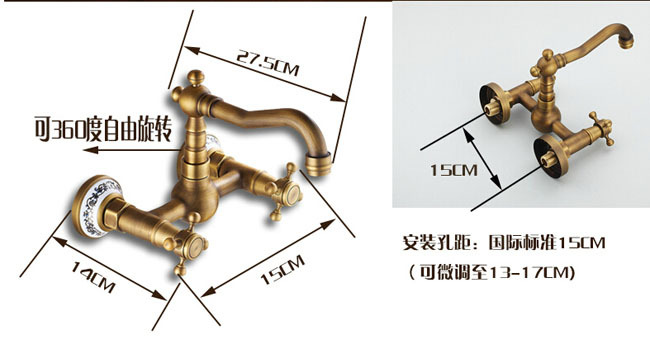 wall mount dual handles and cold water kitchen sink faucet brass antique kitchen mixer tap