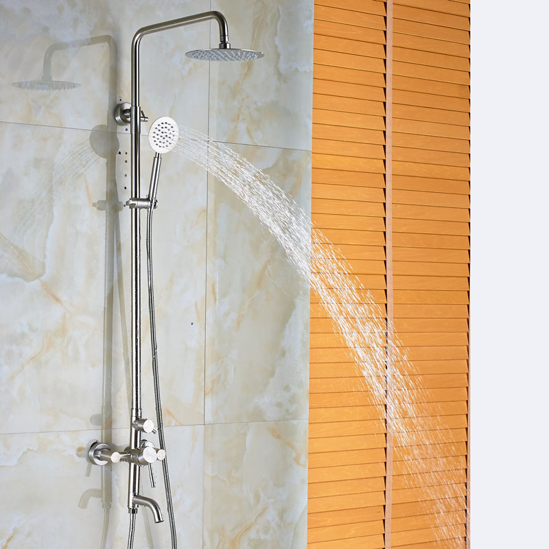 wall mounted 10" ultrathin rainfall shower set one handle rotate tub filler bath shower mixers brushed nickel finished