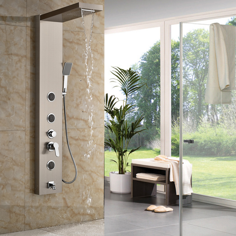 wall mounted bathroom single lever shower faucet column + tub spout + hand shower + massage jet sprayer system