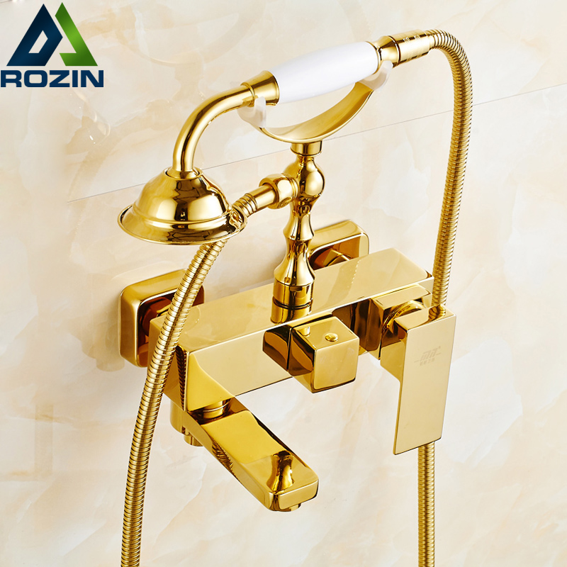 wall mounted golden brass bathtub sink faucet bathroom handheld shower tub filler swivel tub spout