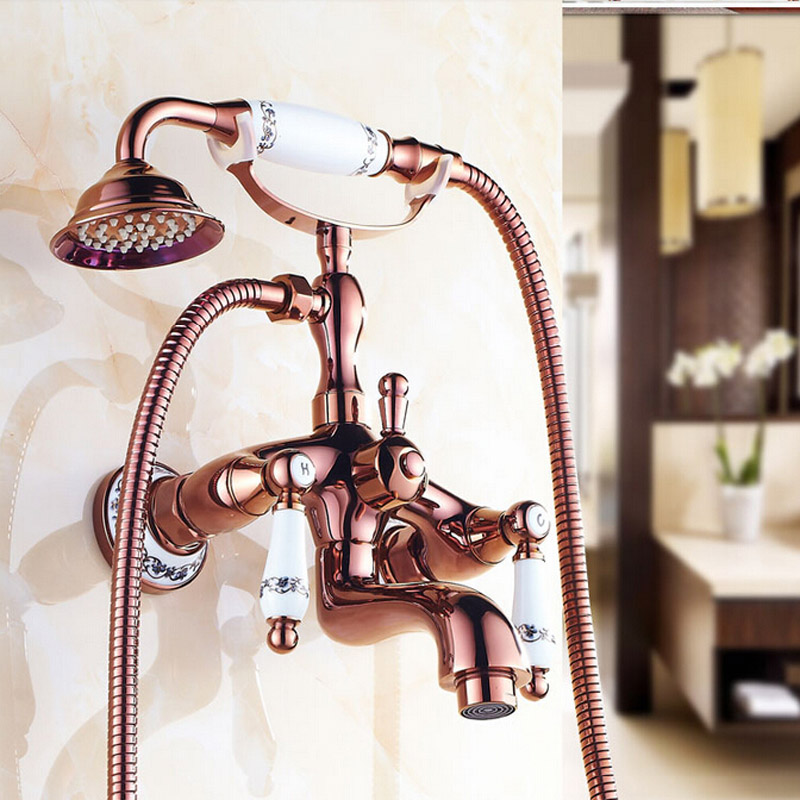 wall mounted telephone style tub sink faucet dual handle rose golden bathtub mixer tap with handheld shower