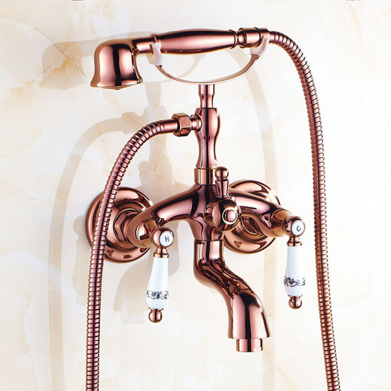 wall mounted telephone style tub sink faucet dual handle rose golden bathtub mixer tap with handheld shower