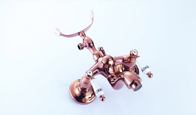 wall mounted telephone style tub sink faucet dual handle rose golden bathtub mixer tap with handheld shower