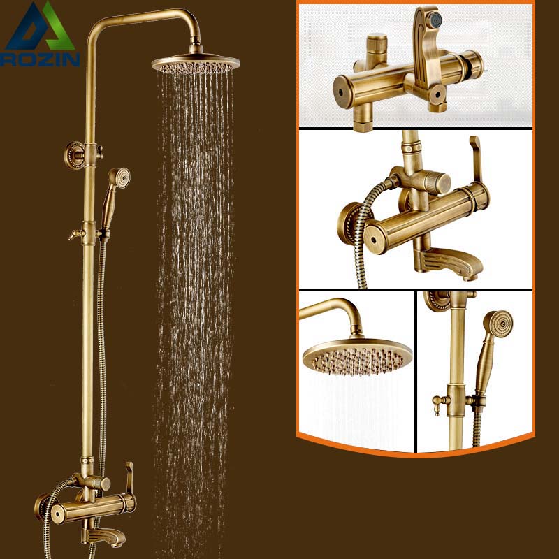 whole and retail promotion brass antique 8" rain shower faucet set bath tub shower mixer tap shower column