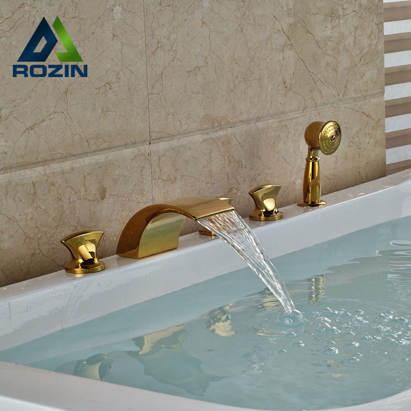 widespread golden brass waterfall bathtub faucet bath tub filler mixer taps deck mount + handshower