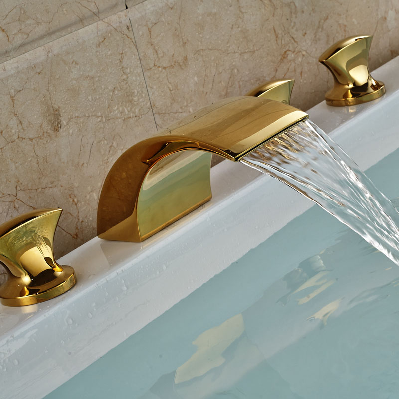 widespread golden brass waterfall bathtub faucet bath tub filler mixer taps deck mount + handshower