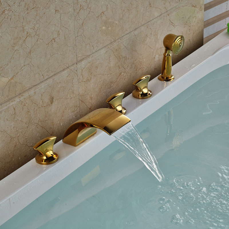 widespread golden brass waterfall bathtub faucet bath tub filler mixer taps deck mount + handshower