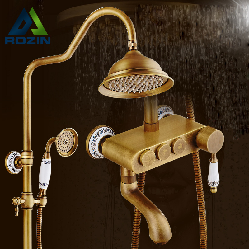 2016 new antique brass one handle rain 8" shower faucet wall mounted shower set + tub spout + ceramic hand held shower