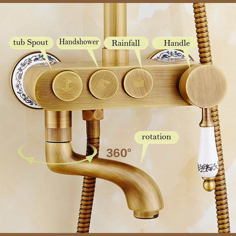 2016 new antique brass one handle rain 8" shower faucet wall mounted shower set + tub spout + ceramic hand held shower