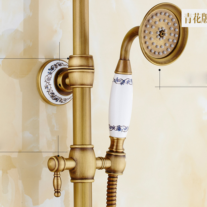 2016 new antique brass one handle rain 8" shower faucet wall mounted shower set + tub spout + ceramic hand held shower