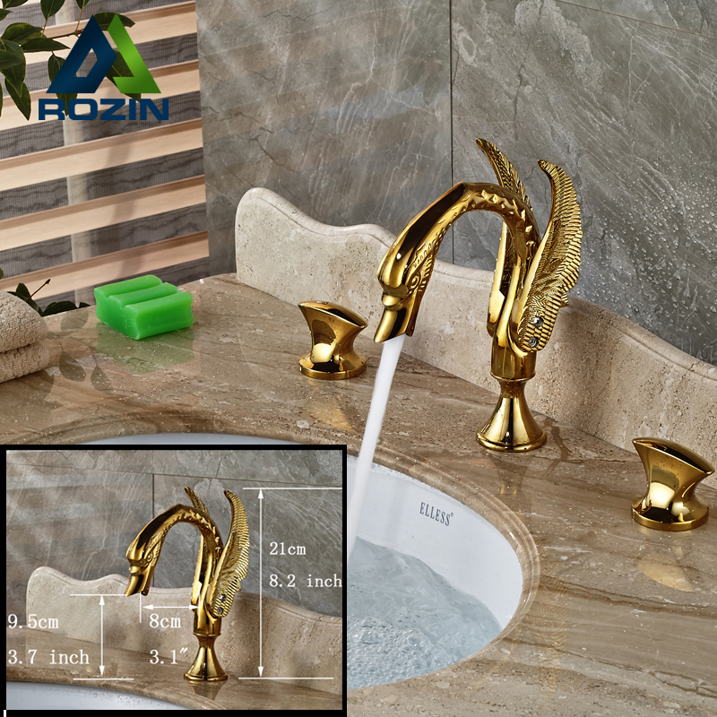 2016 newly widespread basin sink mixer faucet deck mount 3 holes 2 handle bathroom faucet in golden