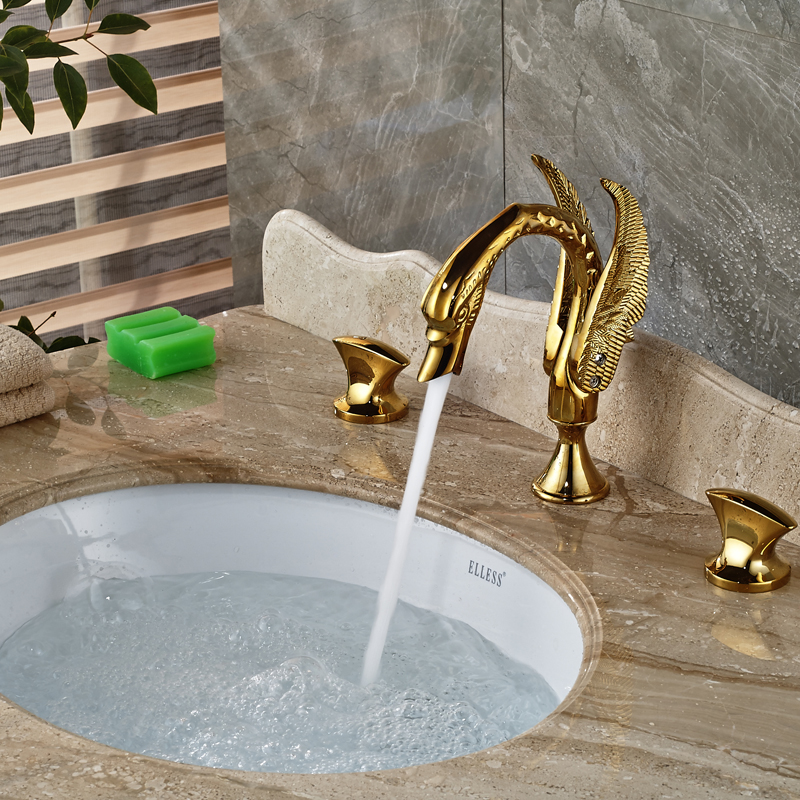 2016 newly widespread basin sink mixer faucet deck mount 3 holes 2 handle bathroom faucet in golden