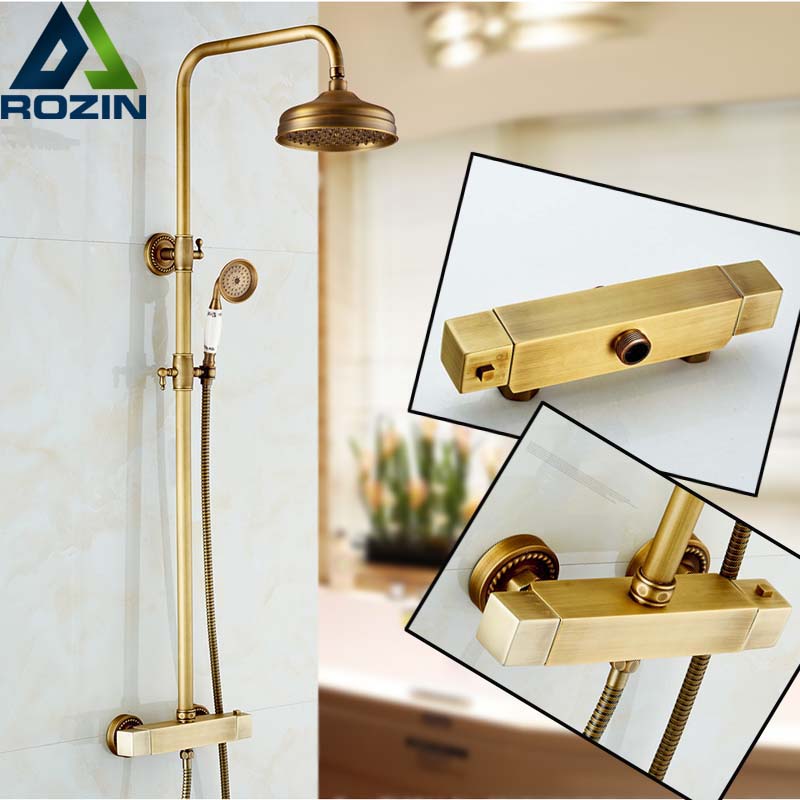 antique brass wall mounted two handle thermostatic shower mixers thermostatic bath shower taps + ceramic handshower