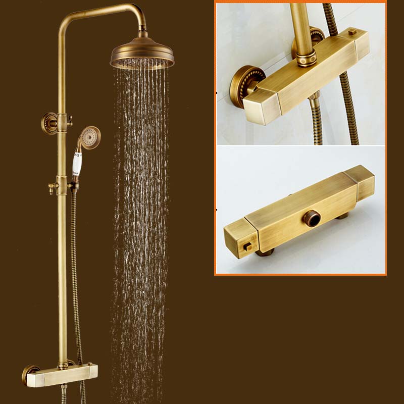 antique brass wall mounted two handle thermostatic shower mixers thermostatic bath shower taps + ceramic handshower