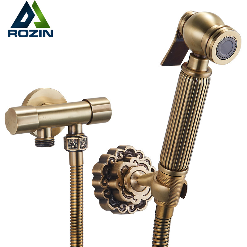 best quality bathroom bidet faucet dual handle single hole toilet flushing sprayer head taps antique brass finish