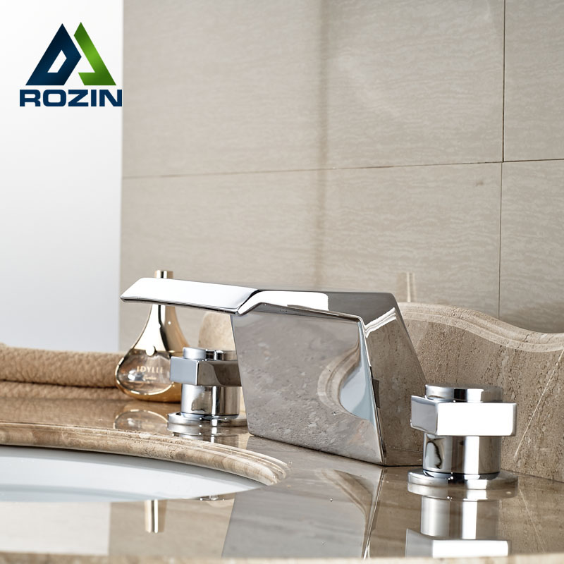 brass chrome bathroom widespread waterfall basin faucet dual handles tub mixer taps deck mounted