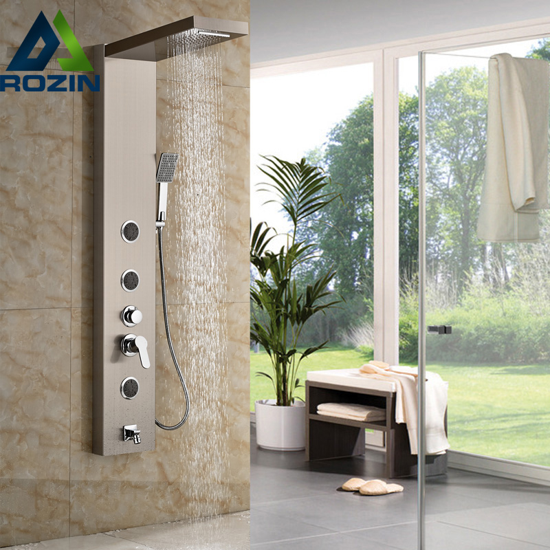 brushed nickel shower panel shower column wall mounted with rain waterfall shower head shower mixer faucet