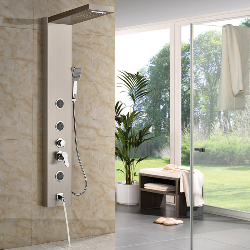 brushed nickel shower panel shower column wall mounted with rain waterfall shower head shower mixer faucet