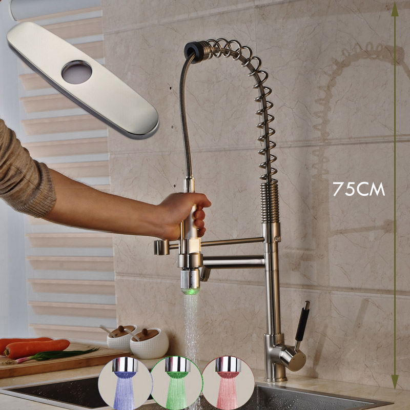 brushed nickel spring pull down led kitchen faucet single handle rgb 3 colors kitchen mixer taps