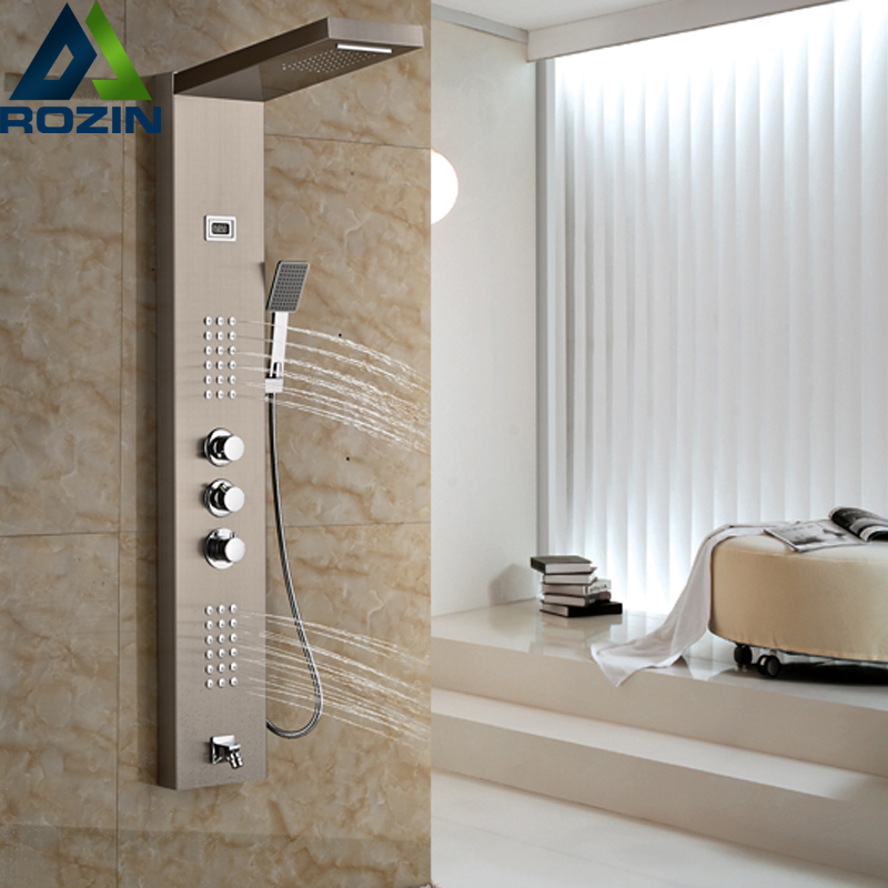 brushed nickel thermostatic shower mixer panel wall mount stainless steel rain waterfall with massage jet shower column