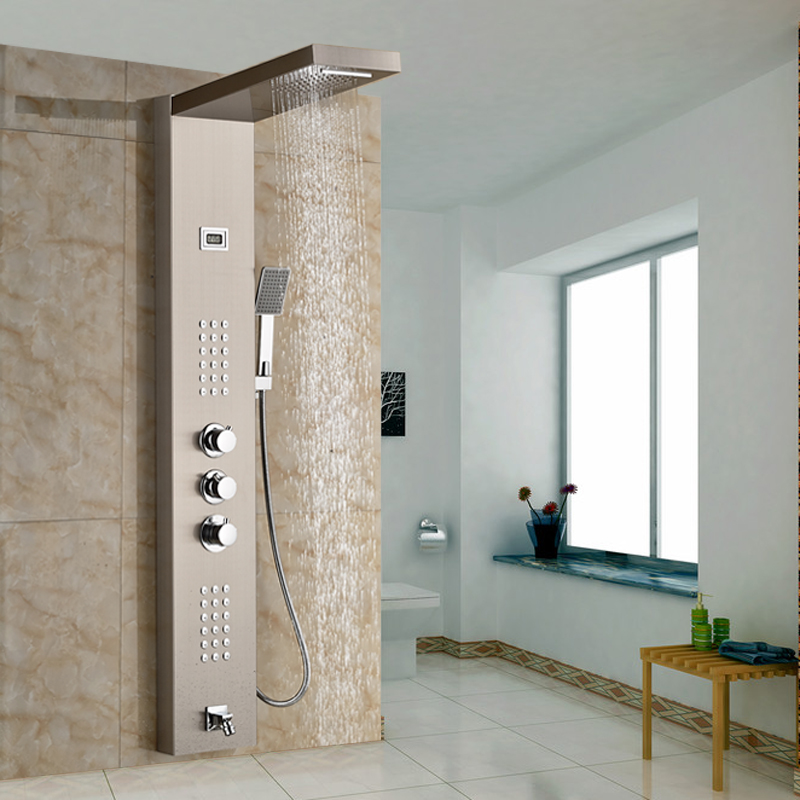 brushed nickel thermostatic shower mixer panel wall mount stainless steel rain waterfall with massage jet shower column