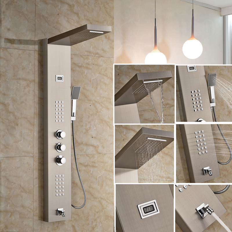 brushed nickel thermostatic shower mixer panel wall mount stainless steel rain waterfall with massage jet shower column