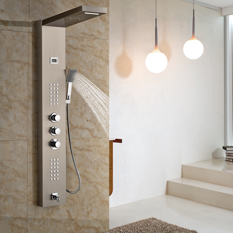 brushed nickel thermostatic shower mixer panel wall mount stainless steel rain waterfall with massage jet shower column