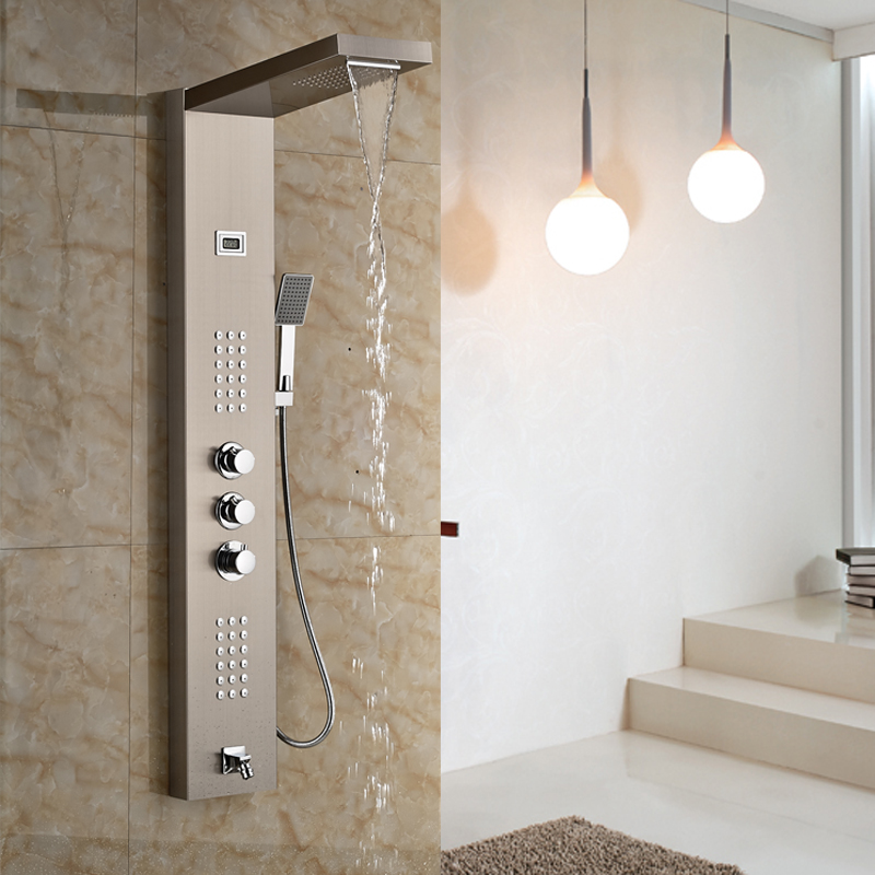 brushed nickel thermostatic shower mixer panel wall mount stainless steel rain waterfall with massage jet shower column