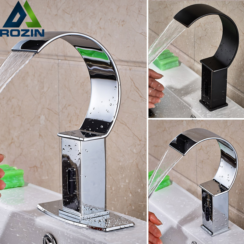 chrome bronze bathroom sense faucet hands automatic basin sink waterfall water taps deck mounted