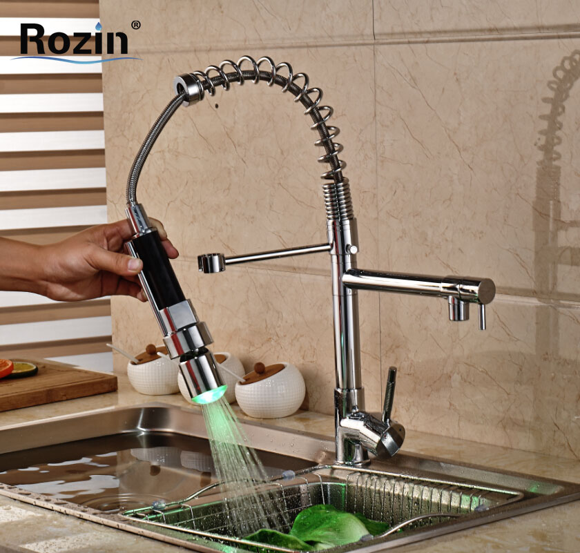 chrome led light spring kitchen faucet swivel spout single handle pull out spray sink mixer tap