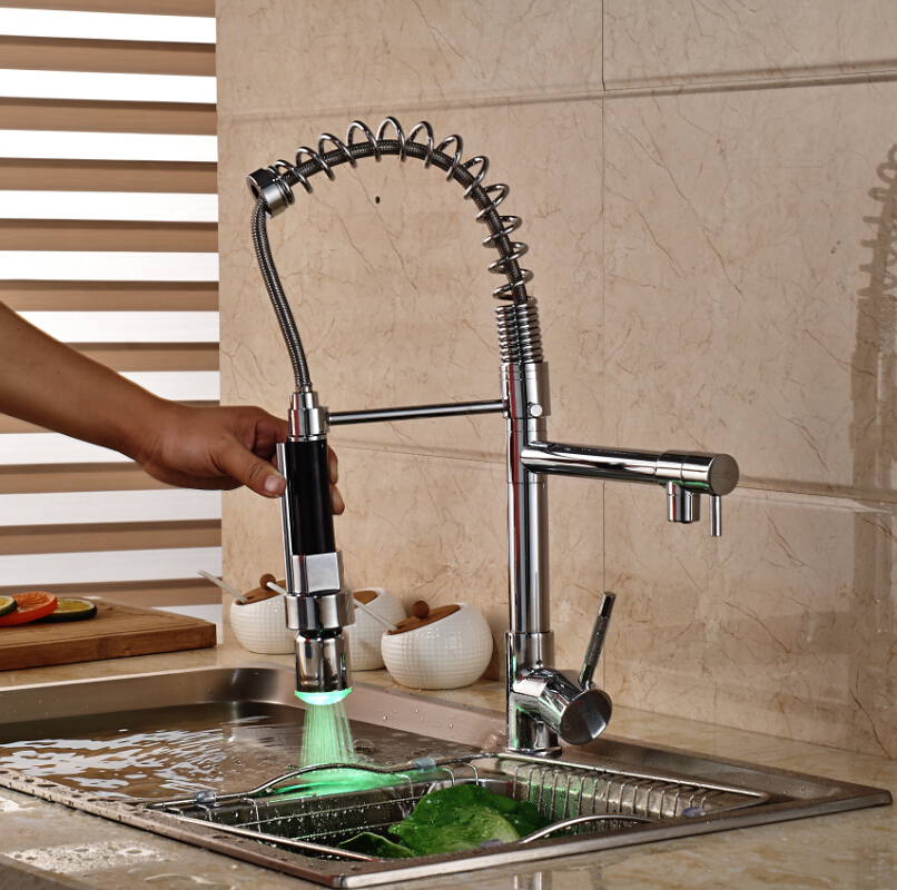 chrome led light spring kitchen faucet swivel spout single handle pull out spray sink mixer tap