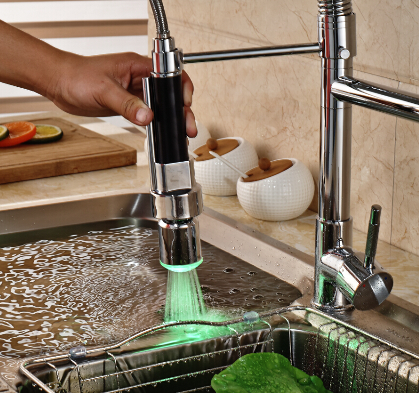 chrome led light spring kitchen faucet swivel spout single handle pull out spray sink mixer tap