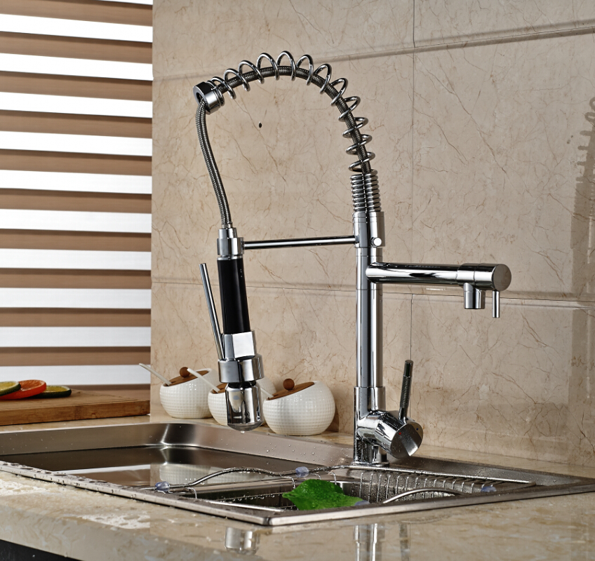 chrome led light spring kitchen faucet swivel spout single handle pull out spray sink mixer tap