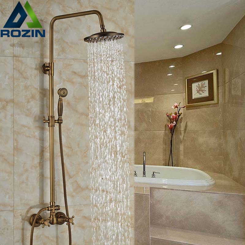 classic dual cross handles 8" rain bathroom shower faucet set wall mount brass antique handheld shower mixer taps