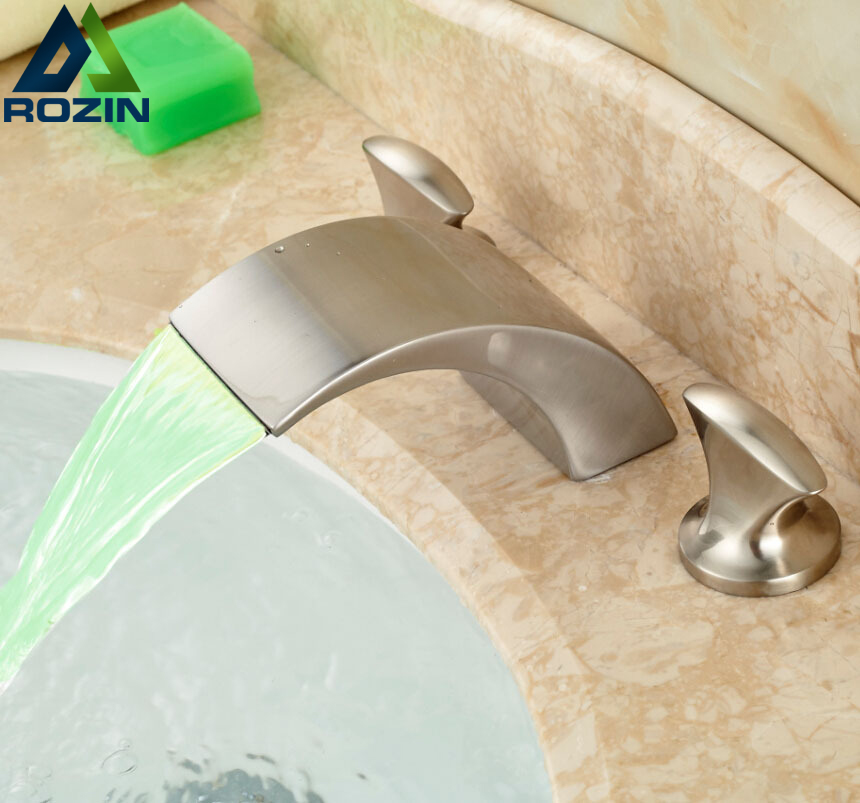 color changing led waterfall bathroom sink faucet deck mount bathroom tub mixer taps brushed nickel finish